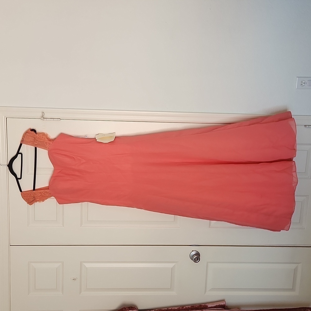 ✨️NWT LanTing Coral Pink Mother of The Bride Lace Straps Maxi Dress. Sz Large